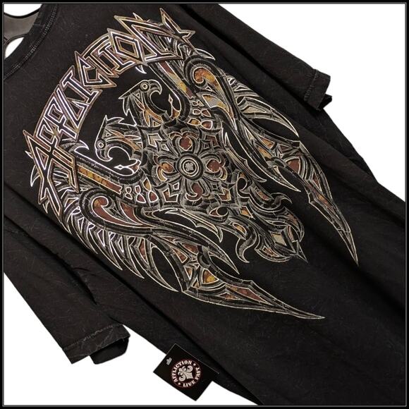 New AFFLICTION Resonance Double Eagle T-Shirt Black Lava Wash Gold Foil Men's 3X - Picture 6 of 7